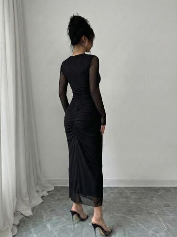 Narecte Maxi Dresses for Women Mesh Ruched Bodycon Long Sleeve Back Zipper Evening Party Dress Fall Dresses in Saudi Arabia