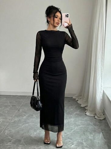 Narecte Maxi Dresses for Women Mesh Ruched Bodycon Long Sleeve Back Zipper Evening Party Dress Fall Dresses in Saudi Arabia
