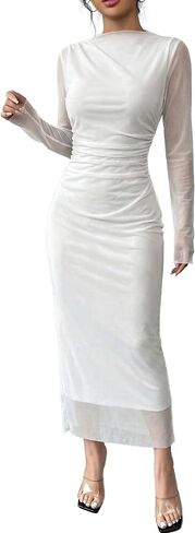 Narecte Maxi Dresses for Women Mesh Ruched Bodycon Long Sleeve Back Zipper Evening Party Dress Fall Dresses in Saudi Arabia