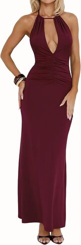 Women's Sexy Halter Dress Summer Maxi Long Bodycon Deep V Neck Low Back Sleeveless Stretchy Tight Fitted Casual Party Outfits in Saudi Arabia