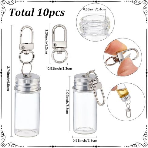 SUNNYCLUE 1 Box 10Pcs 10ml Small Glass Vial Keychain Mini Glass Jars Keychain Silver Bottle Caps with Swivel Clasps Wishing Clear Vials Key Chains for DIY Wedding Favors Home Crafts Travel Gifts in Saudi Arabia