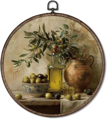 Giosve Vintage Olive Oil Kitchen Round Wall Art Canvas Framed Poster, Rustic Farmhouse French Country Cottagecore Hanging Wall Sculptures for Kitchen Dining Room Home Decor, 10x10 Inch in Saudi Arabia