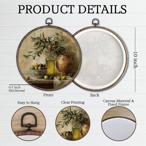 Giosve Vintage Olive Oil Kitchen Round Wall Art Canvas Framed Poster, Rustic Farmhouse French Country Cottagecore Hanging Wall Sculptures for Kitchen Dining Room Home Decor, 10x10 Inch in Saudi Arabia