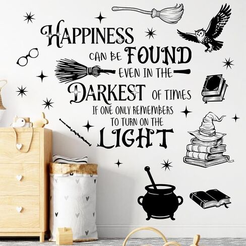 Mfault Happiness Can be Found Even in The Darkest Wall Decals Stickers, Magical Wizard Witch Hat Nursery Decorations Bedroom Art, Magic Broom Owl Cauldron Book Baby Toddlers Kids Room Playroom Decor in Kuwait