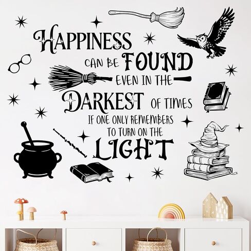 Mfault Happiness Can be Found Even in The Darkest Wall Decals Stickers, Magical Wizard Witch Hat Nursery Decorations Bedroom Art, Magic Broom Owl Cauldron Book Baby Toddlers Kids Room Playroom Decor in Kuwait