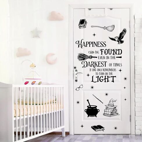 Mfault Happiness Can be Found Even in The Darkest Wall Decals Stickers, Magical Wizard Witch Hat Nursery Decorations Bedroom Art, Magic Broom Owl Cauldron Book Baby Toddlers Kids Room Playroom Decor in Kuwait