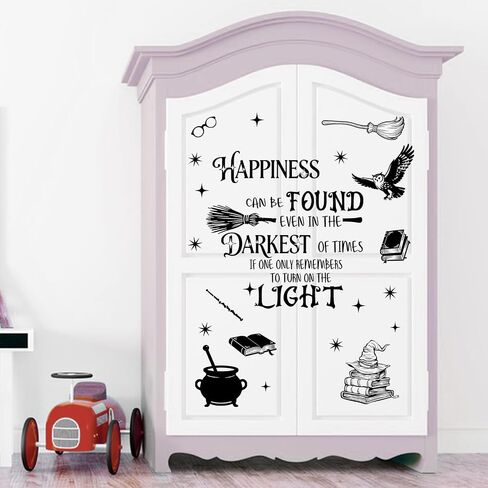 Mfault Happiness Can be Found Even in The Darkest Wall Decals Stickers, Magical Wizard Witch Hat Nursery Decorations Bedroom Art, Magic Broom Owl Cauldron Book Baby Toddlers Kids Room Playroom Decor in Kuwait