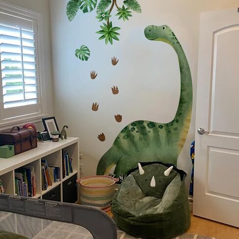 Large Watercolor Dinosaur Wall Decals, Peel and Stick Dino with Tropical Leaves, 54.7x69.2 Inch Removable Nursery Decor for Kids Room, Jungle Theme Wall Stickers (Green) in Saudi Arabia