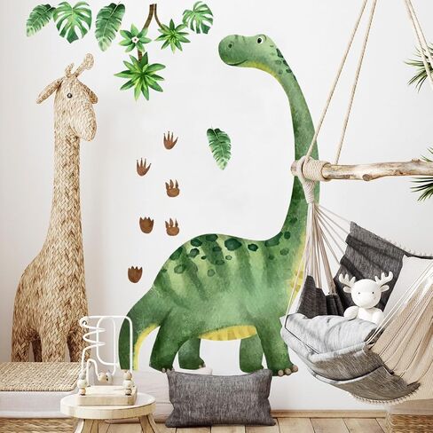 Large Watercolor Dinosaur Wall Decals, Peel and Stick Dino with Tropical Leaves, 54.7x69.2 Inch Removable Nursery Decor for Kids Room, Jungle Theme Wall Stickers (Green) in Saudi Arabia