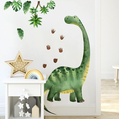 Large Watercolor Dinosaur Wall Decals, Peel and Stick Dino with Tropical Leaves, 54.7x69.2 Inch Removable Nursery Decor for Kids Room, Jungle Theme Wall Stickers (Green) in Saudi Arabia