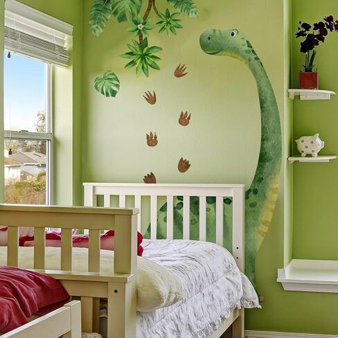 Large Watercolor Dinosaur Wall Decals, Peel and Stick Dino with Tropical Leaves, 54.7x69.2 Inch Removable Nursery Decor for Kids Room, Jungle Theme Wall Stickers (Green) in Saudi Arabia