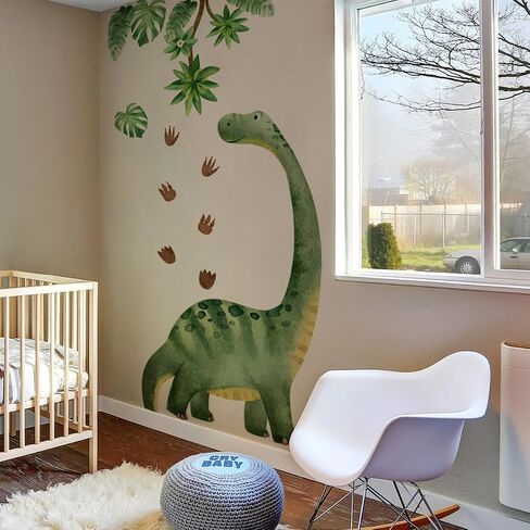 Large Watercolor Dinosaur Wall Decals, Peel and Stick Dino with Tropical Leaves, 54.7x69.2 Inch Removable Nursery Decor for Kids Room, Jungle Theme Wall Stickers (Green) in Saudi Arabia