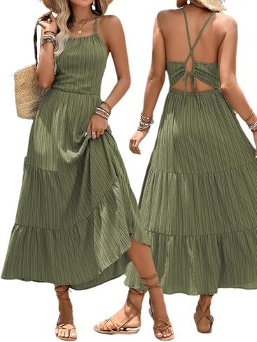 BARASA Women's Spaghetti Straps Tiered Maxi Dress Flowy Pleated Swing Party Boho Dresses Backless Casual Beach Sundress D589 in Saudi Arabia