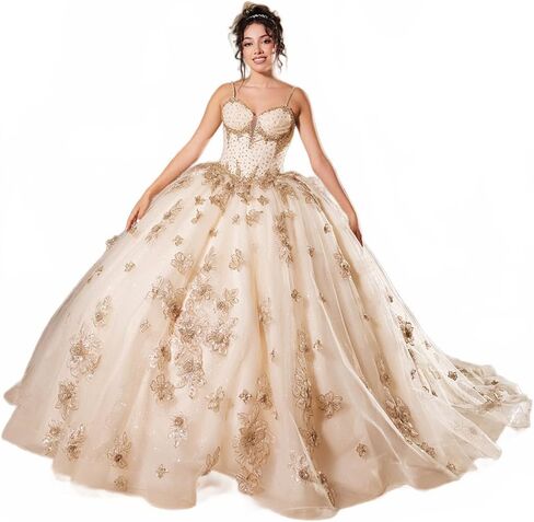 Women's Layla K Lk282 Floral Quinceañera Ball Gown with Beaded Corset Bodice Champagne Goldish Beige and Gold Size 10 Beige/Gold in Saudi Arabia