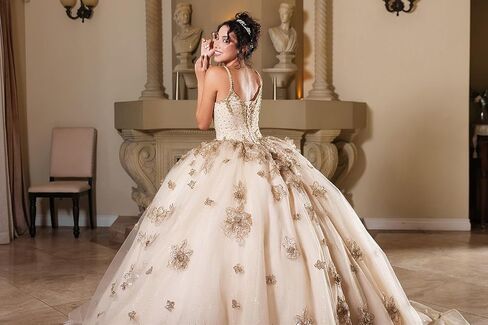 Women's Layla K Lk282 Floral Quinceañera Ball Gown with Beaded Corset Bodice Champagne Goldish Beige and Gold Size 10 Beige/Gold in Saudi Arabia