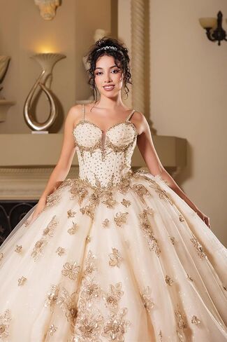Women's Layla K Lk282 Floral Quinceañera Ball Gown with Beaded Corset Bodice Champagne Goldish Beige and Gold Size 10 Beige/Gold in Saudi Arabia
