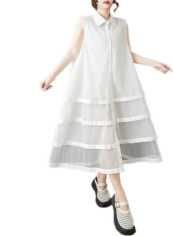 ellazhu Women's Shirt Dress Button Down Sleeveless Solid Lapel Lace See Through Hem Flow Hem Plus Size Casual Loose GZ534 in Kuwait