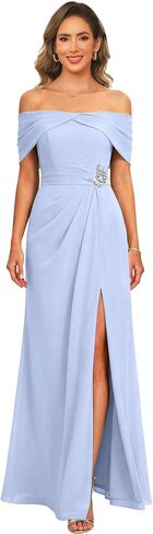 Off Shoulder Bridesmaid Dresses Formal Dress with Pockets | Ruched Chiffon, Off Shoulder, Bridesmaid Dresses, Formal Wedding Guest Dress for Women, for Party Evening in Saudi Arabia