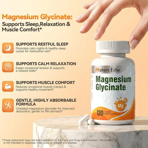 Magnesium Glycinate Supplement - Support Calm & Relaxation, Restful Sleep, Heart Health, Nerve Function, Muscle Health & Energy Metabolism - High Absorption Chelated Magnesium-120 Veggie Capsules in Kuwait