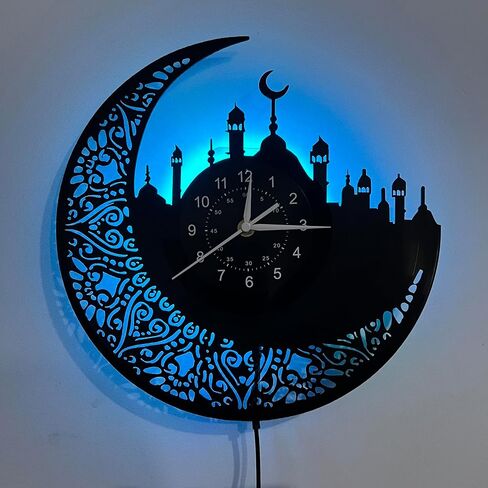 Arabic Calligraphy Islamic Wall Clock - Handmade Vinyl Silent Mechanical Clock with 7 Color LED Lights, Islamic Home Decor, Artistic Craftsmanship in Saudi Arabia