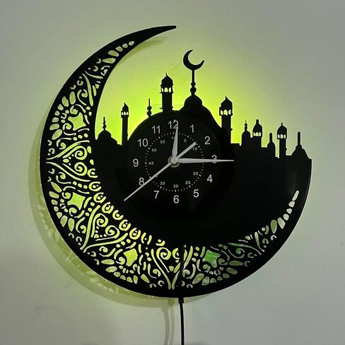 Arabic Calligraphy Islamic Wall Clock - Handmade Vinyl Silent Mechanical Clock with 7 Color LED Lights, Islamic Home Decor, Artistic Craftsmanship in Saudi Arabia