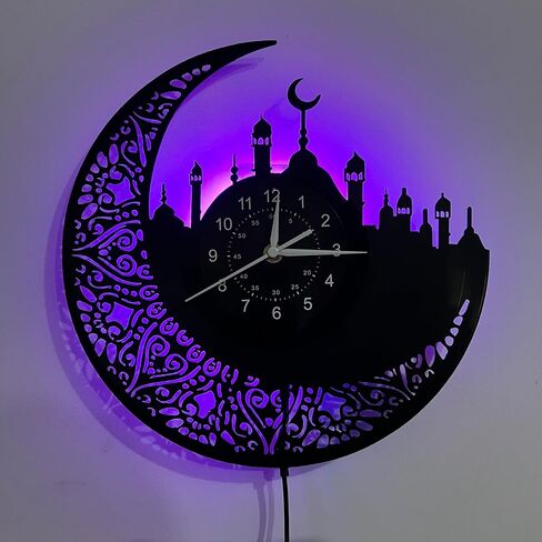 Arabic Calligraphy Islamic Wall Clock - Handmade Vinyl Silent Mechanical Clock with 7 Color LED Lights, Islamic Home Decor, Artistic Craftsmanship in Saudi Arabia