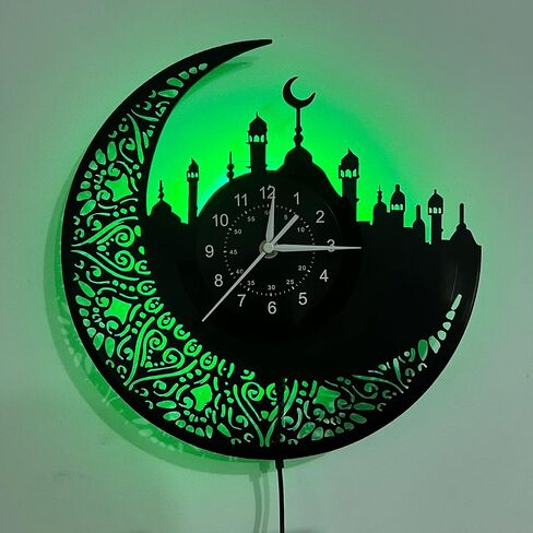Arabic Calligraphy Islamic Wall Clock - Handmade Vinyl Silent Mechanical Clock with 7 Color LED Lights, Islamic Home Decor, Artistic Craftsmanship in Saudi Arabia