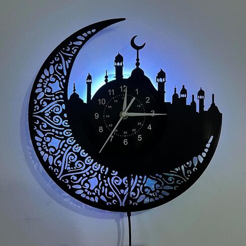 Arabic Calligraphy Islamic Wall Clock - Handmade Vinyl Silent Mechanical Clock with 7 Color LED Lights, Islamic Home Decor, Artistic Craftsmanship in Saudi Arabia