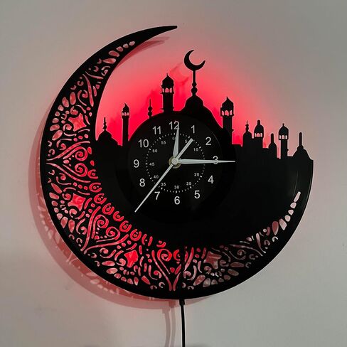 Arabic Calligraphy Islamic Wall Clock - Handmade Vinyl Silent Mechanical Clock with 7 Color LED Lights, Islamic Home Decor, Artistic Craftsmanship in Saudi Arabia