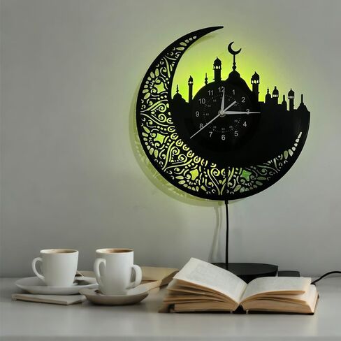 Arabic Calligraphy Islamic Wall Clock - Handmade Vinyl Silent Mechanical Clock with 7 Color LED Lights, Islamic Home Decor, Artistic Craftsmanship in Saudi Arabia