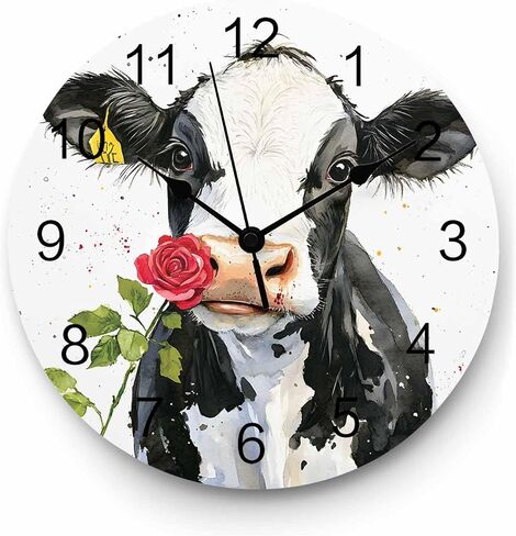 Wall Clock Cow Rose Clocks PVC Silent Non-Ticking Battery Operated Decorative Farmhouse Animal Round Clock for Home Living Room Kitchen Bedroom Office School Wall Decor 10 Inch in Kuwait