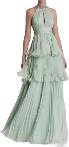 Womens Evening Dress Chiffon High Neck Sleeveless Crystal Pleat Backless Floor Length Prom Party Gala Ceremony in Kuwait