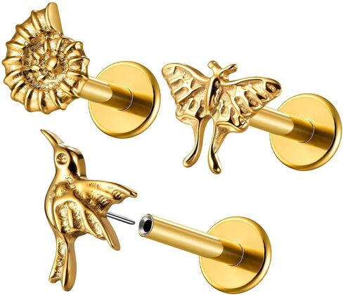 Casvort 3 PCS ASTM F136 Titanium 16G/18G Moth Bird Snail Flower Heart Spiral Threadless Flatback Piercing Stud for Nose, Labret, Tragus, Helix, Conch with 6mm 7mm and 8mm Post- Cartilage Earring Body Piercing Jewelry in Kuwait