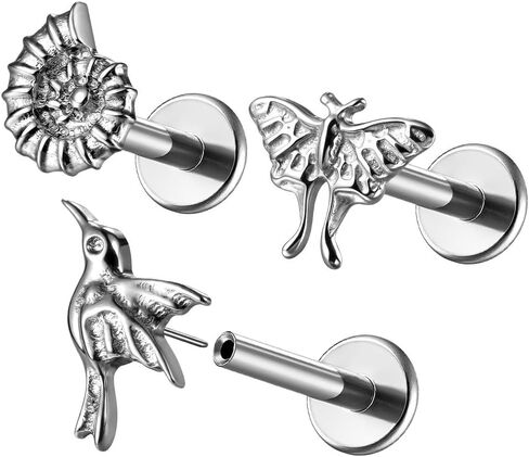 Casvort 3 PCS ASTM F136 Titanium 16G/18G Moth Bird Snail Flower Heart Spiral Threadless Flatback Piercing Stud for Nose, Labret, Tragus, Helix, Conch with 6mm 7mm and 8mm Post- Cartilage Earring Body Piercing Jewelry in Kuwait