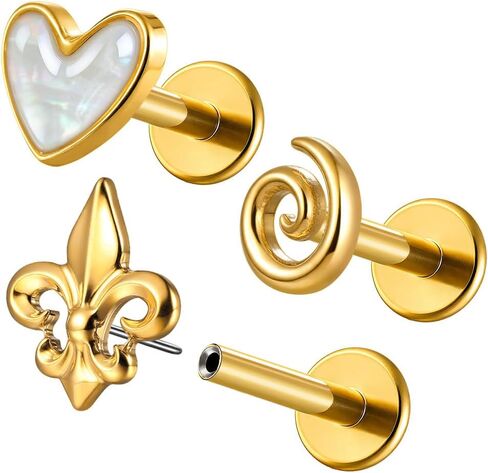 Casvort 3 PCS ASTM F136 Titanium 16G/18G Moth Bird Snail Flower Heart Spiral Threadless Flatback Piercing Stud for Nose, Labret, Tragus, Helix, Conch with 6mm 7mm and 8mm Post- Cartilage Earring Body Piercing Jewelry in Kuwait