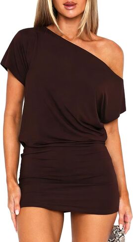 OZICERD Women Off The Shoulder Mini Dress Loose Short Sleeve Bodycon Hip Wrap Club Rave Going Out Dresses Casual in Saudi Arabia