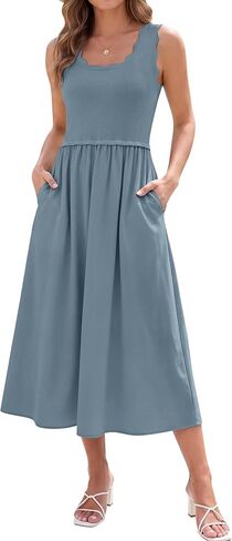 Womens Summer Casual Maxi Dress A line Flowy Sleeveless Scoop Neck Beach Travel Tank Long Dresses with Pockets in Saudi Arabia