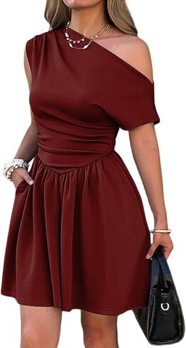Mieazom Women's Summer Pleated One Shoulder A Line Flare Mini Dress Ruched Drop Waist Semi-Formal Short Dress with Pockets in Saudi Arabia