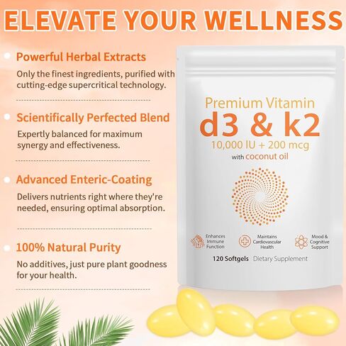 Vitamin D3 K2 120PCS with Coconut Oil, K2 D3 Vitamin Supplement, Support Immune Health, Fast Absorption, D3 K2 Vitamin 10000 iu, Support Bone Health, Non-GMO in Saudi Arabia