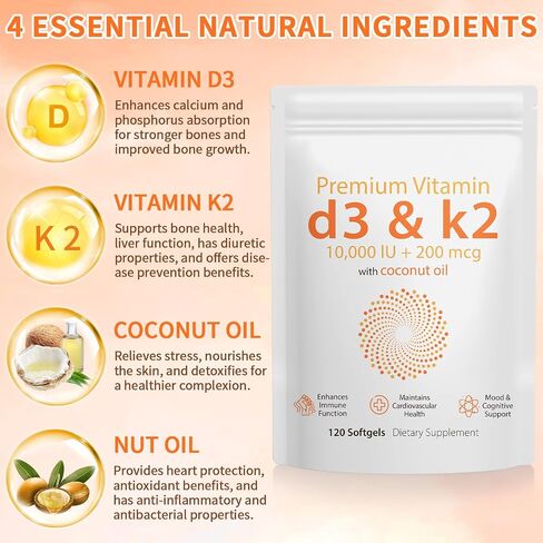Vitamin D3 K2 120PCS with Coconut Oil, K2 D3 Vitamin Supplement, Support Immune Health, Fast Absorption, D3 K2 Vitamin 10000 iu, Support Bone Health, Non-GMO in Saudi Arabia