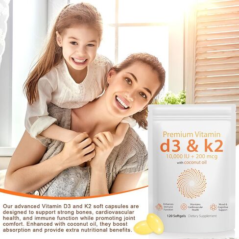 Vitamin D3 K2 120PCS with Coconut Oil, K2 D3 Vitamin Supplement, Support Immune Health, Fast Absorption, D3 K2 Vitamin 10000 iu, Support Bone Health, Non-GMO in Saudi Arabia