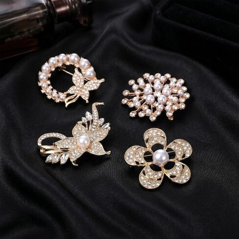 4 Pcs Pearl Brooches for Women,Broched Pins Elegant Flower Brooch Crystal & Pearl Brooch Set for Clothing Accessory Wedding Daily Wear and Commemorative in Saudi Arabia