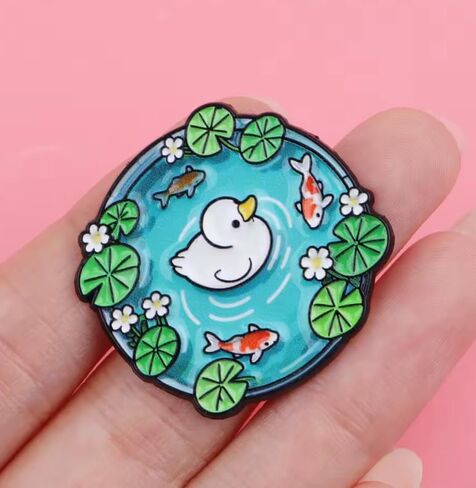 Pond with Duck Enamel Pin, Koi Fish and Lily Pads Design, 1.2 inches in Saudi Arabia