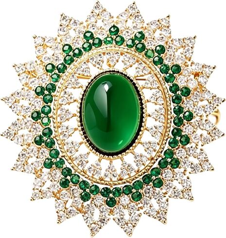 Emerald Brooch Vintage Crystal Rhinestone Brooch Pin Sunburst Oval Green Gemstone Statement Brooch for Wedding Party in Kuwait