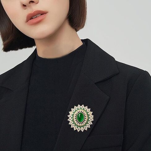 Emerald Brooch Vintage Crystal Rhinestone Brooch Pin Sunburst Oval Green Gemstone Statement Brooch for Wedding Party in Kuwait