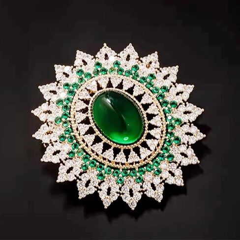 Emerald Brooch Vintage Crystal Rhinestone Brooch Pin Sunburst Oval Green Gemstone Statement Brooch for Wedding Party in Kuwait
