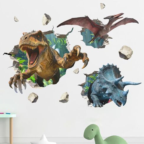 Mfault 3D ديناصور يخترق ملصقات الحائط الشارات، دينو تيرانوصور ترايسيراتوبس ديكورات حضانة التيروصور الأولاد غرفة نوم الفن، الغابة الاستوائية روك طفل رضيع غرفة اللعب ديكور in Kuwait