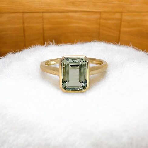 Green Amethyst (Prasiolite) Solitaire Ring - Emerald Cut Bezel Set in 14K Yellow Gold, Handmade Wedding Band Jewelry Gift for Women, Dainty Stackable Ring in Kuwait