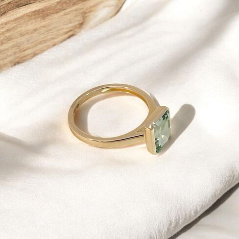 Green Amethyst (Prasiolite) Solitaire Ring - Emerald Cut Bezel Set in 14K Yellow Gold, Handmade Wedding Band Jewelry Gift for Women, Dainty Stackable Ring in Kuwait