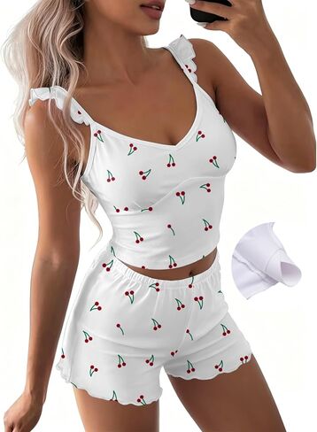 Ekouaer Summer Pajamas Built in Bra Ruffle Pjs Cute Lingerie 2 Piece Cami and Shorts Set for Women Getting Ready Bridal Party in Kuwait